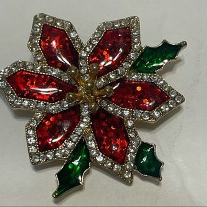 Poinsettia rhinestone encrusted pin pendant enamel Christmas flower